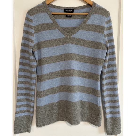 Lord & Taylor Sweaters - Lord & Taylor 100% Cashmere Striped V-Neck Sweater Size L Blue Gray Soft Knit